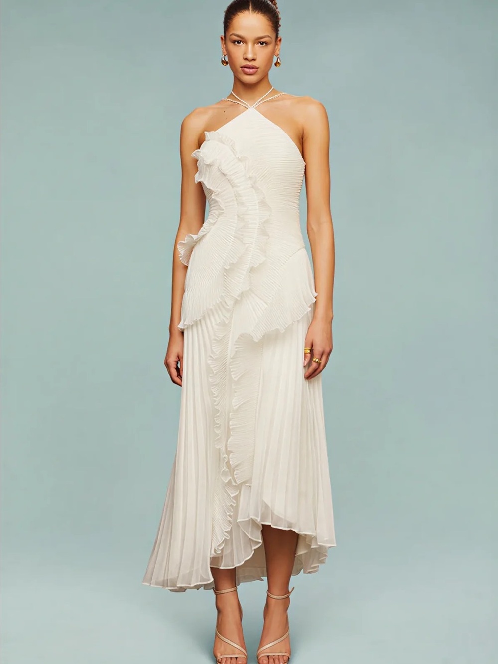 Ivory Ruffle Halter Midi Dress NEW